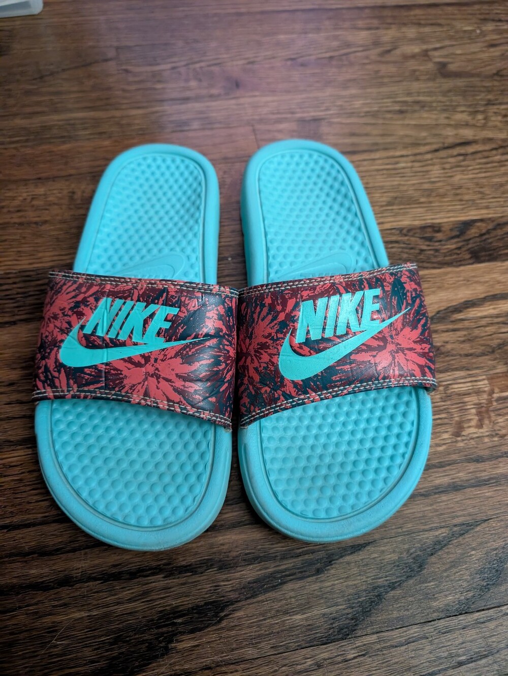 Nike Teal Slide Sandals with Coral Red Patterned Strap